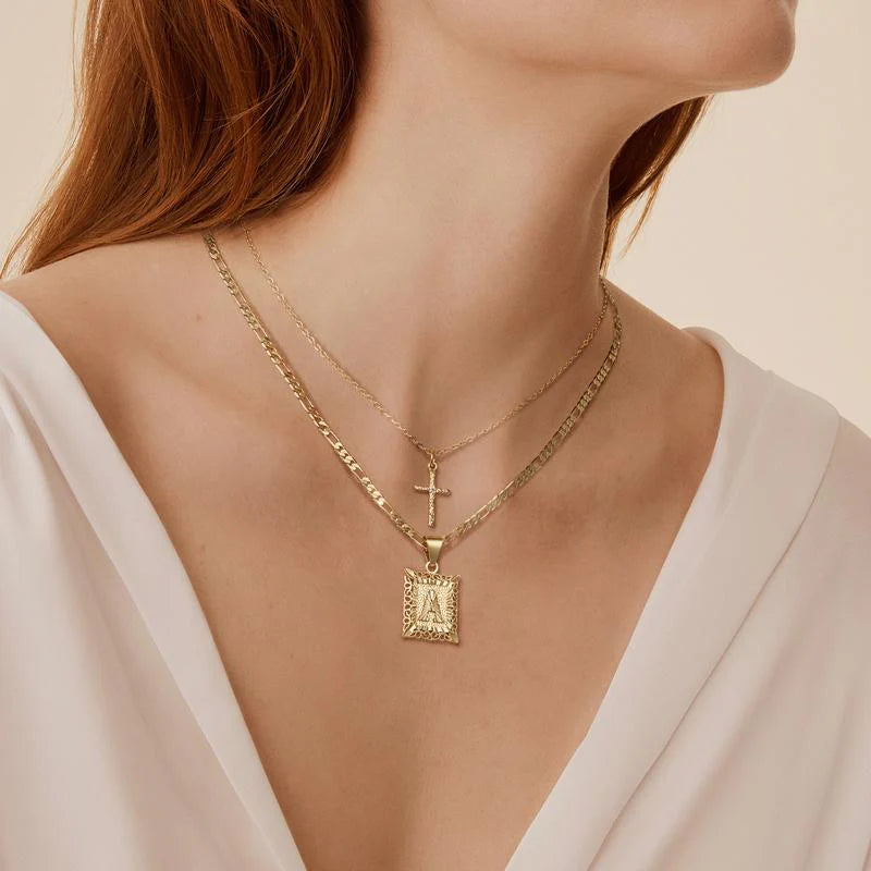 2pc 14k Initial & Cross Necklace Set